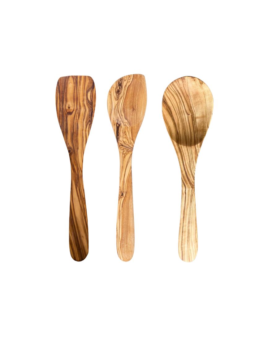 Juego de 3 utensilios de madera de olivo (cuchara, espátula y cucharón de esquina)