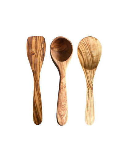 Juego de 3 utensilios de madera de olivo (cuchara, espátula y cucharón)