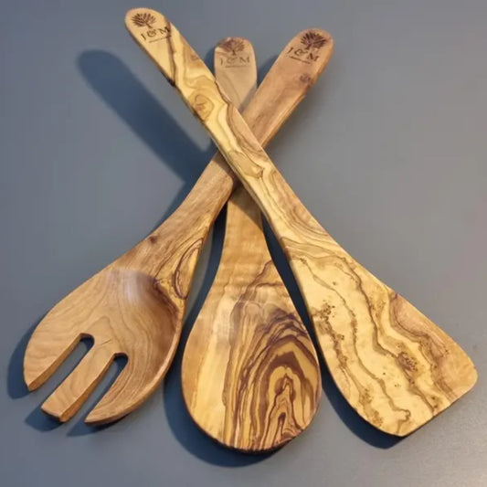 Juego de 3 utensilios de madera de olivo (cuchara, espátula y cuchara con pinchos)