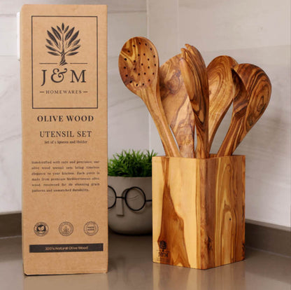 Premium Wooden Utensil Set with Holder